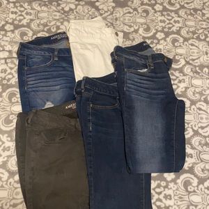 5 pairs of AE pants, 3 jeans, white and army green